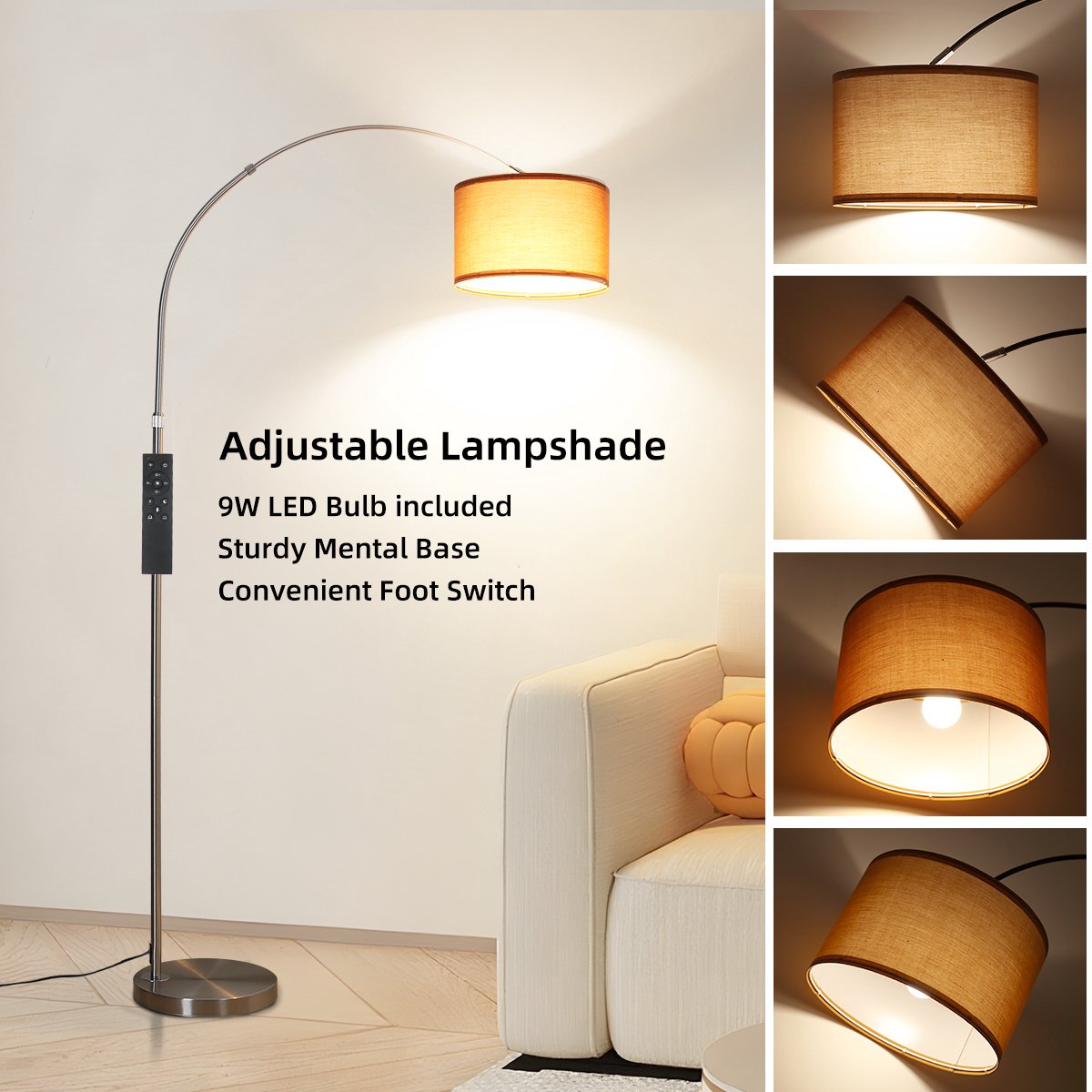 ANTENLICHT Moderne Vloerlamp Chroom - Staande Lamp Met Bruin Kap - 1 lichts 9W 3000K-6000K 860LM - H 165 -180cm - Naturel - Woonkamer - Slaapkamer - Met Afstandsbediening & Voetschakelaar thumbnail 5