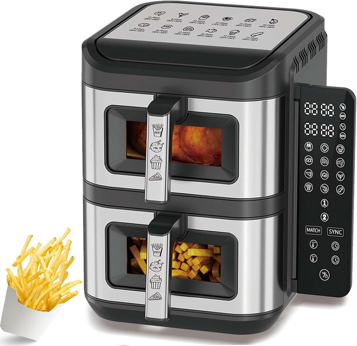 Luchtfriteuse Dubbele Mand - Airfryer Twee Bakken - Gezond Koken - Dubbele Kijkvensters - 12L Totaal - Zwart
