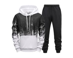 Wit zwart fitness trainingspak heren hoodie en jogging broek sport pak met capuchon trekkoord elastische tailleband trainings set vrijetijds pak maat L