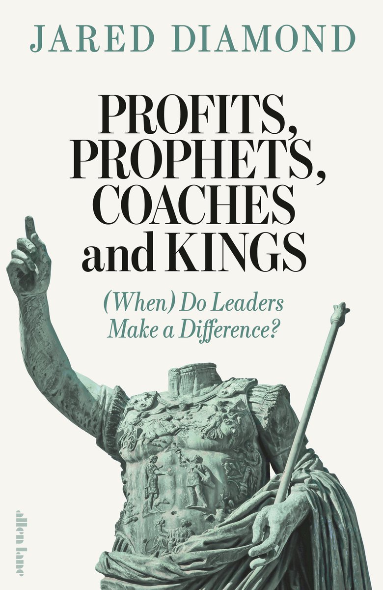 Boek "Profits, Prophets, Coaches and Kings" van Jared Diamond, met een afbeelding van een beeldhouwwerk van een leider met een scepter.
