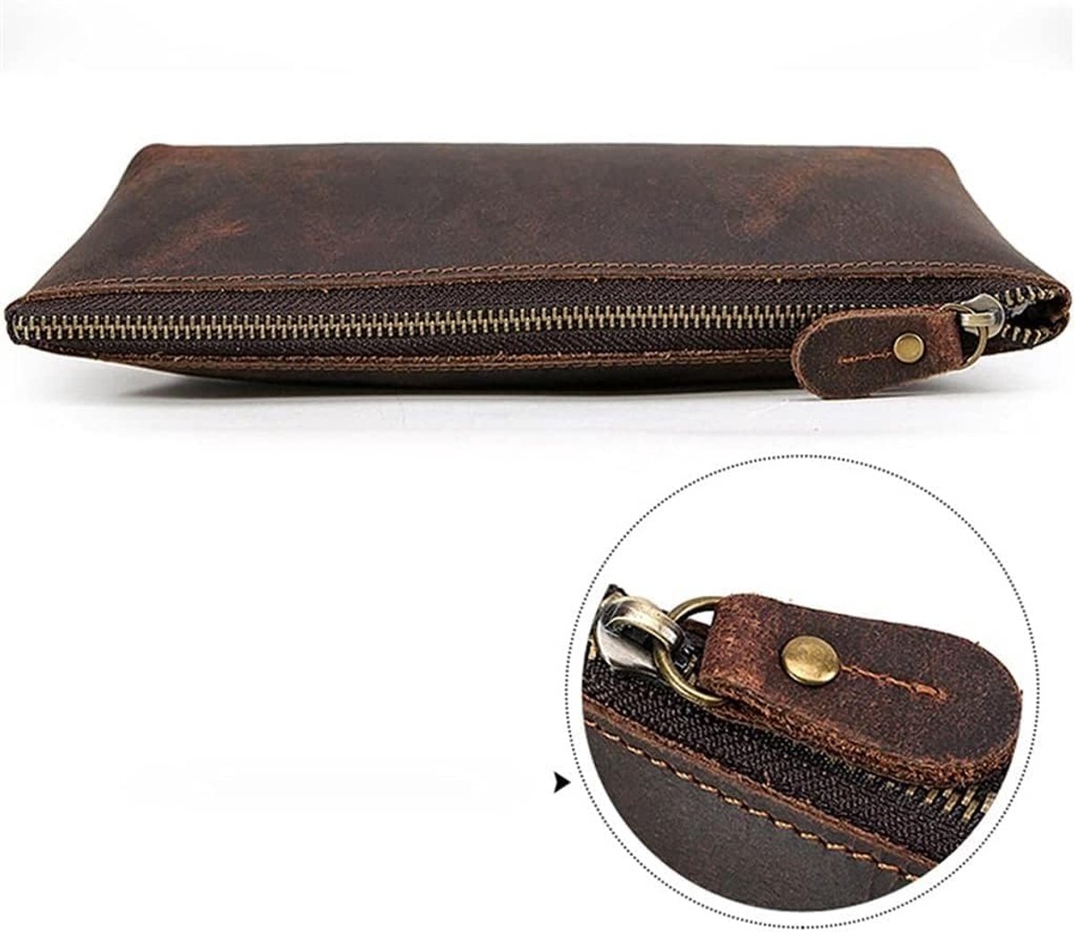 Leren Etui - Pennenetui Potloodtas - Bureau Organisatie - Soepele Ritssluiting - 21 x 8.5 cm - Bruin