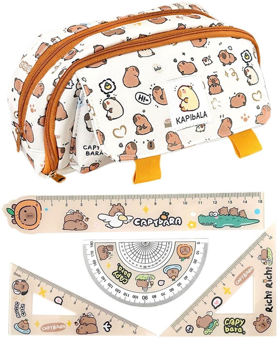 Dailygoods- Etui Schattig Capibara-patroon - 4-delige Liniaal - Meerlaagse Schrijfwarentas - Duurzaam Linnen - Afmetingen 20 x 8 x 11 cm - Pennenzak