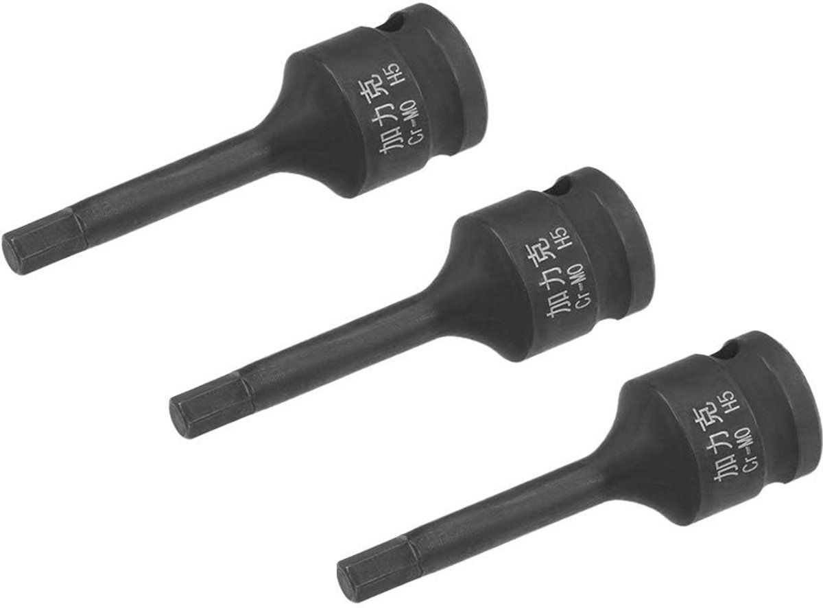 Dailygoods- Inbussleutelset 3 Stuks - Impact Hex Bit Socket - CR-MO Staal - Zeskantbit 5 mm - Corrosiebestendig - 60 mm Lengte