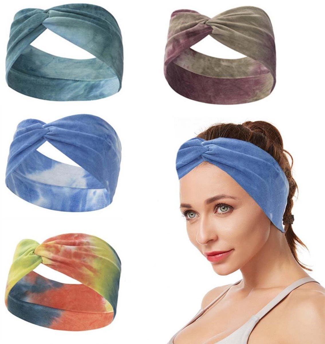 Dailygoods- Dameshaarbanden 4 stuks - Sporthoofdband - Brede Hoofdband - Gekruiste Knopen - Elastisch - Ademend Katoen