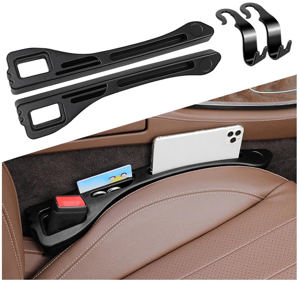 Dailygoods- Autostoelopeningvuller - 2 Stuks - Zwart/Bruin - PU-elastomeer - Universeel - Organizer met extra opbergruimte - Eenvoudig te installeren - Autostoel Organizer