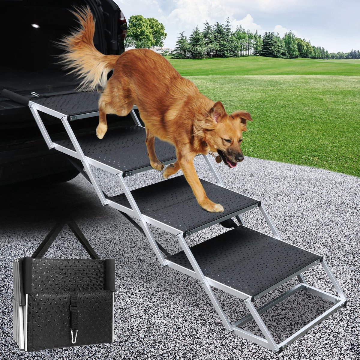 Dailygoods - 4 stappen hondentrap voor auto, opvouwbare hondentrap voor grote honden, antislip oppervlak aluminium draagbare hondenoprit voor auto's, SUV, vrachtwagens, ondersteunt tot 113 kg