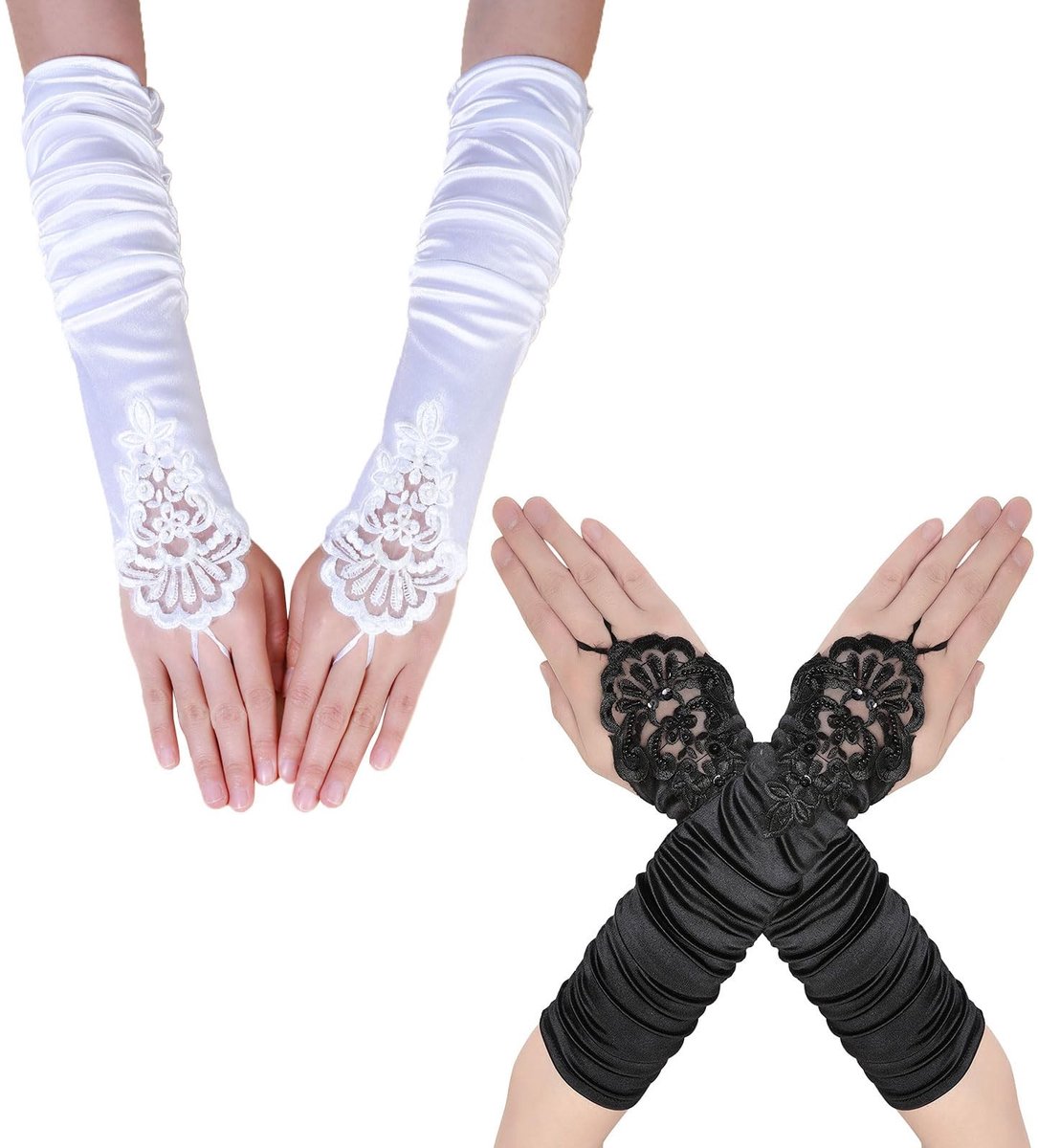 Dailygoods- Dameshandschoenen 2 Paar - Vingerloos - Satijnen/Kanten - Bruiloftshandschoenen - Themafeestaccessoires - Elegant Ontwerp