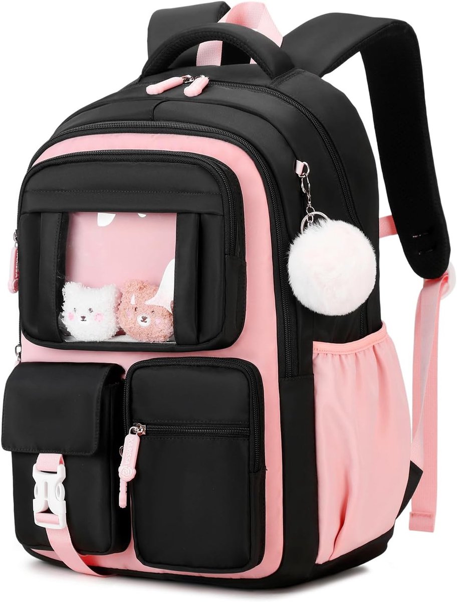 YAGXIG kinderrugzak-meisjesschooltas-rugzak-lichtgewicht-grote capaciteit-geschikt voor middelbare scholieren-schooltas-basisschoolleerlingen-zwart en roze-schattig-terug-naar-schoolcadeau