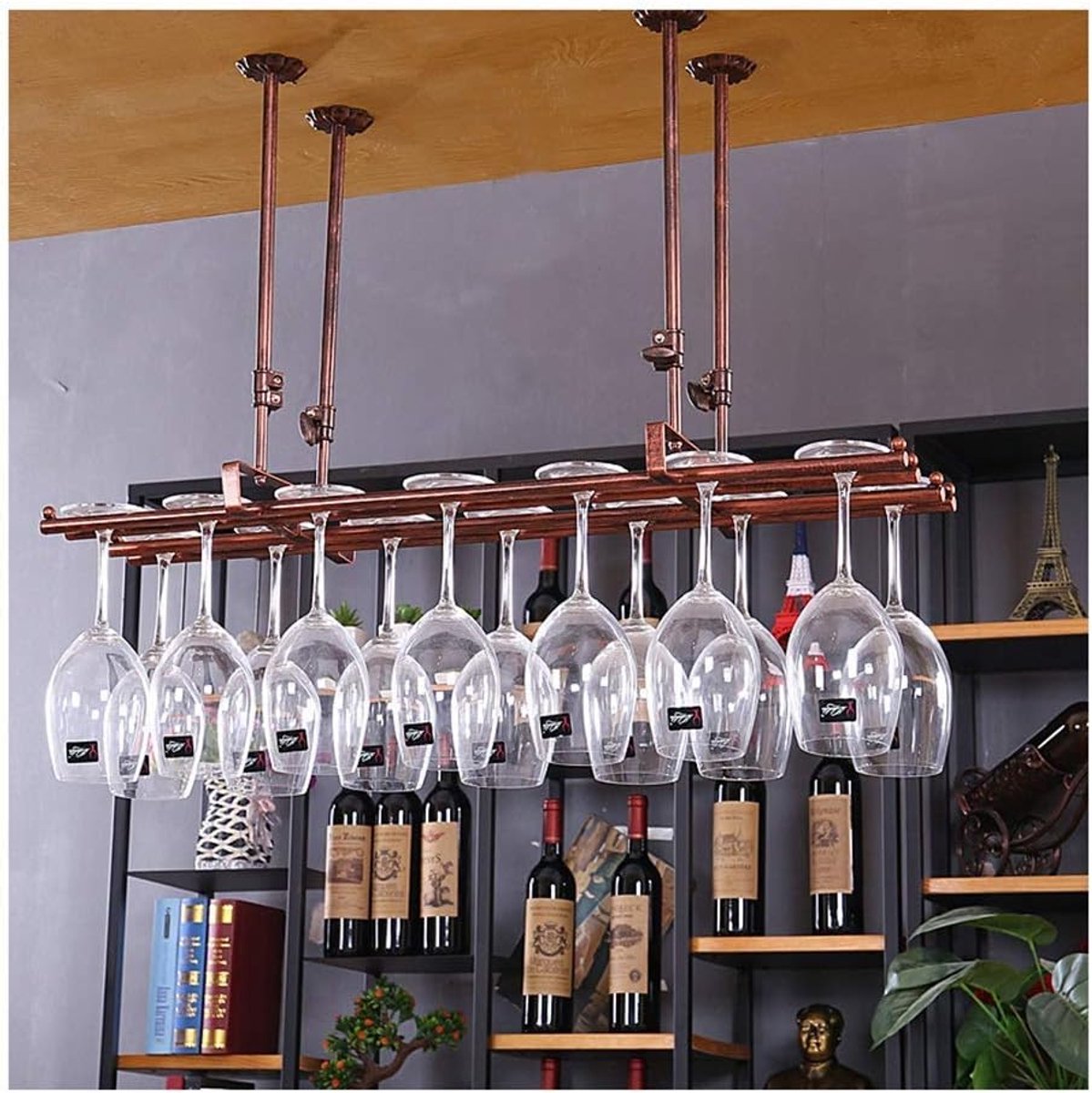 Wijnglazen rek - Glazenhouder Bar - Keuken Organiseren - Robuuste Metalen Constructie - 80 x 25 cm - Bruin