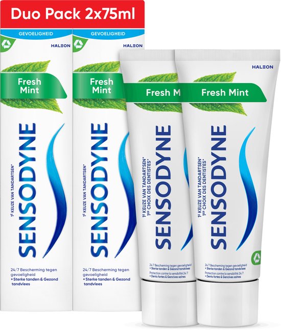 Duo pack Sensodyne Fresh Mint tandpasta, 2x 75ml. Twee dozen en twee tubes tandpasta.