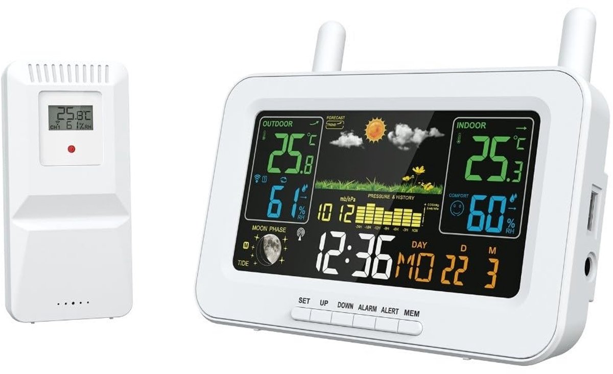 Weerstation met sensor - Weersvoorspeller digitaal - Buitenactiviteiten plannen - 7-in-1 functie centrum - 75 inch kleurenscherm - Wit