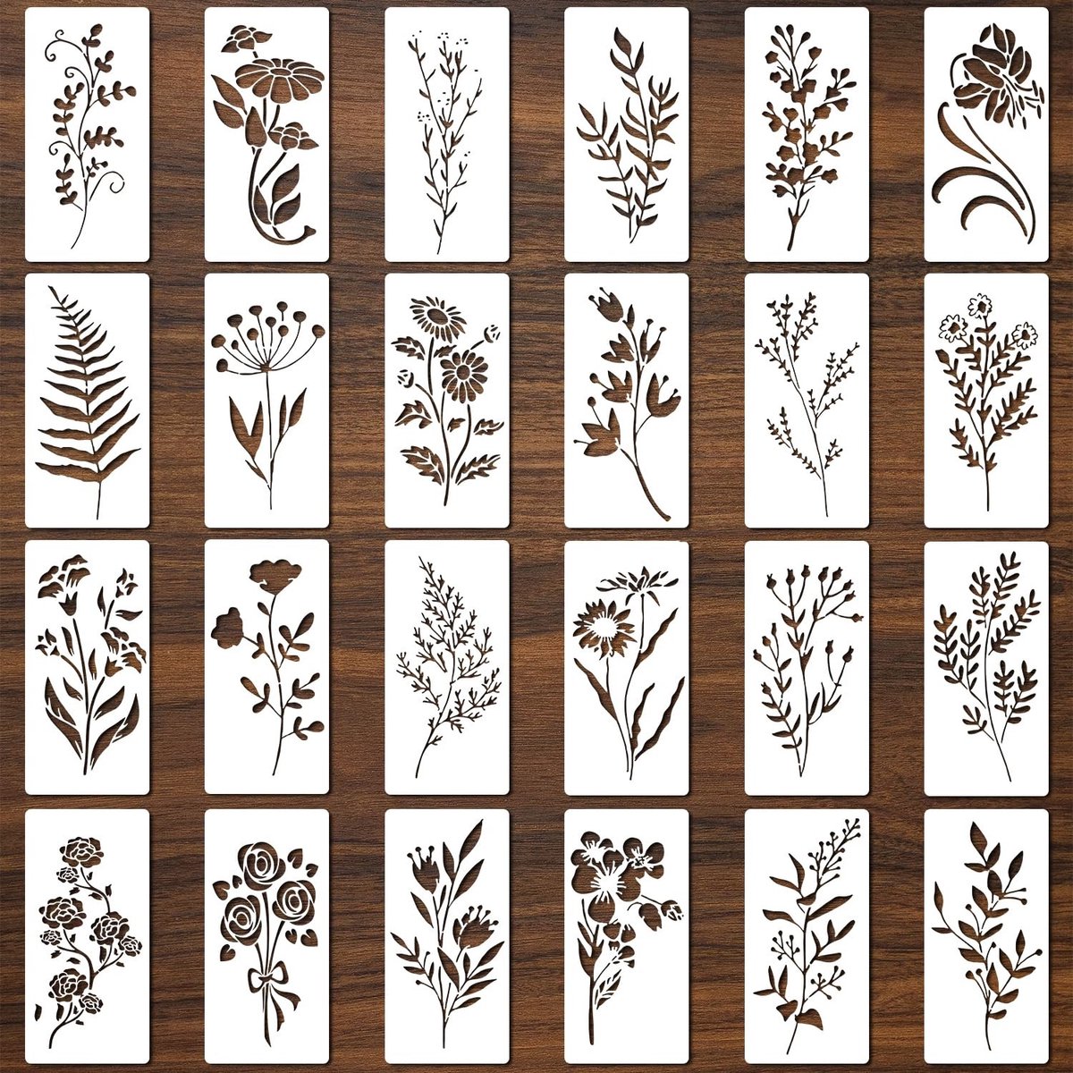 Dailygoods- Bloemen Sjablonen 24 Stuks - Herbruikbare Stencils - PET Materiaal - 15x7,5 cm - Wanddecoratie - Schilderen