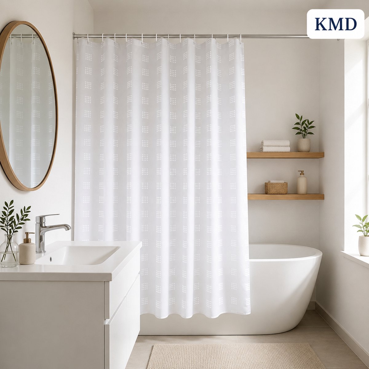 KMD Douchegordijn Kort Model 180x150 cm Polyester Schimmelbestendig Wit - Met Roestvrije Metalen Ringen en Haken