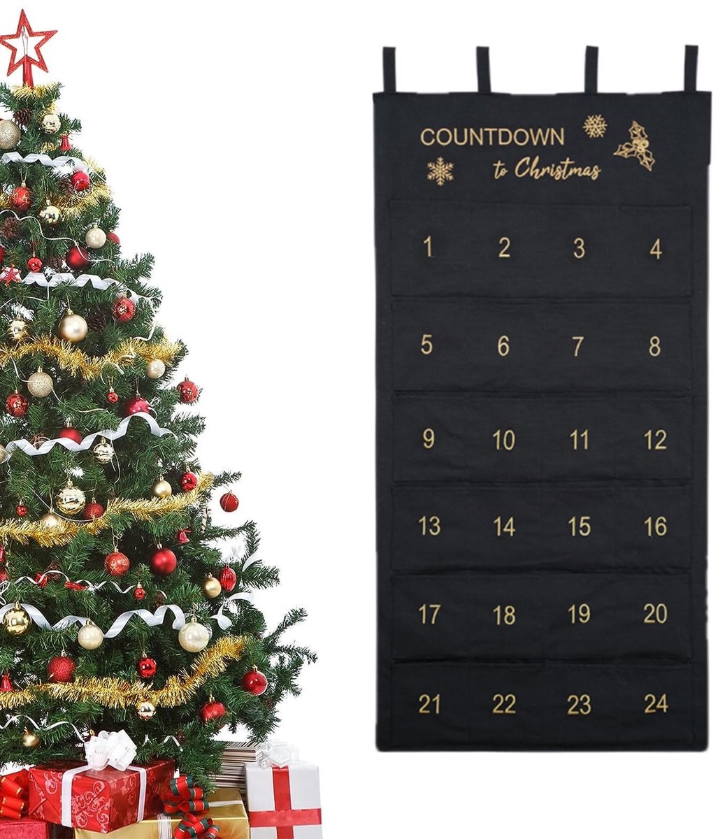 Dailygoods - Adventskalender om op te hangen aan doek kerstkalender met 24 vakken voor kerstdecoratie (BlacK)