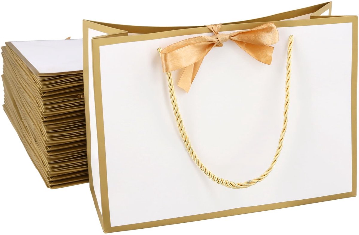 Dailygoods- Geschenkzakken 20 stuks - Goudwitte Papieren Zak - Herbruikbaar - Middelgrote Zak - Met Gouden Lint - Lichtgewicht en Opvouwbaar - Cadeauzakken