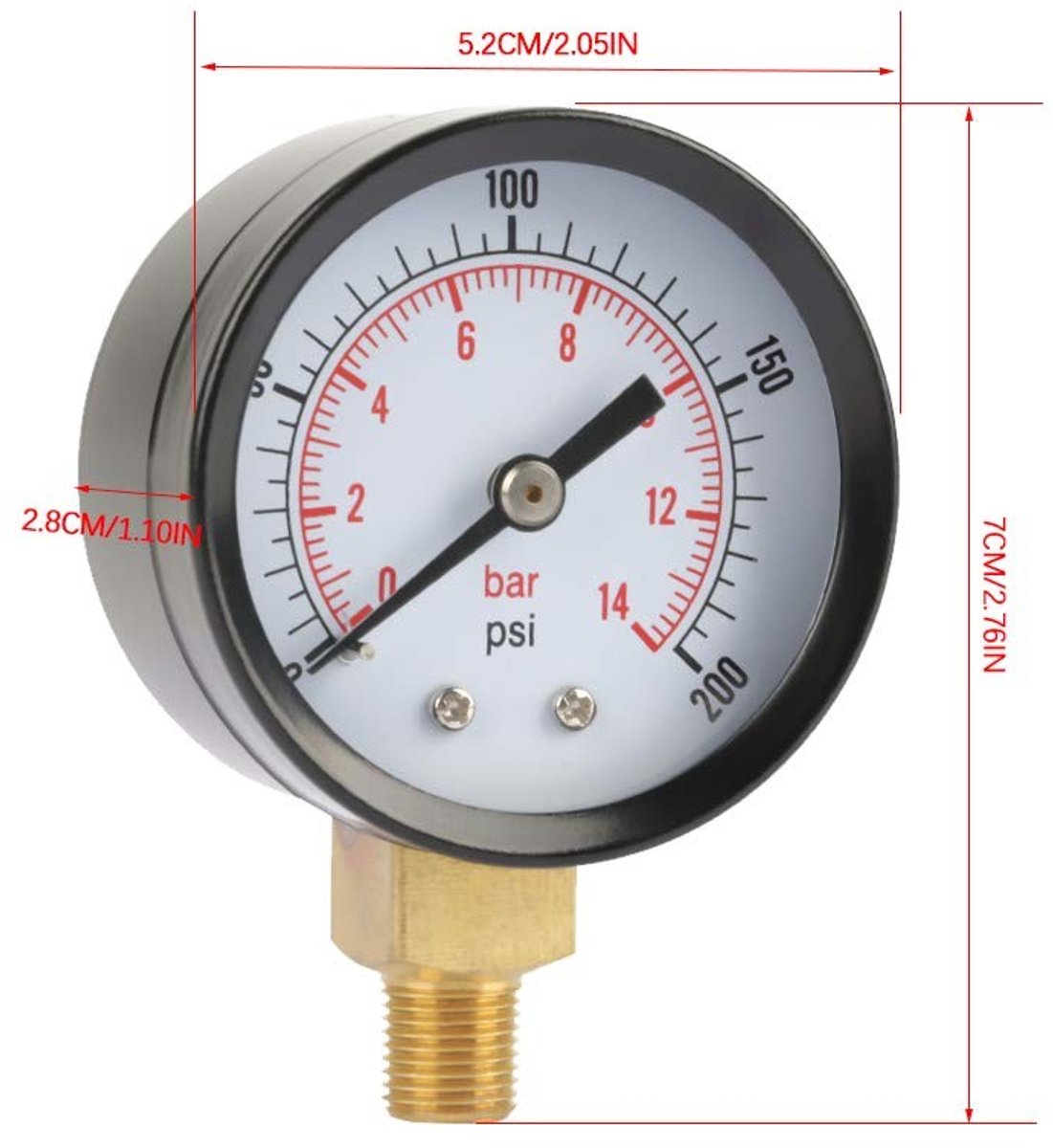 Dailygoods - Manometer Dual Scale - Drukmeter voor Lucht en Gas - Corrosiebestendig - Metaal - Watermeter - Bevestiging - Geschikt voor Air Tank