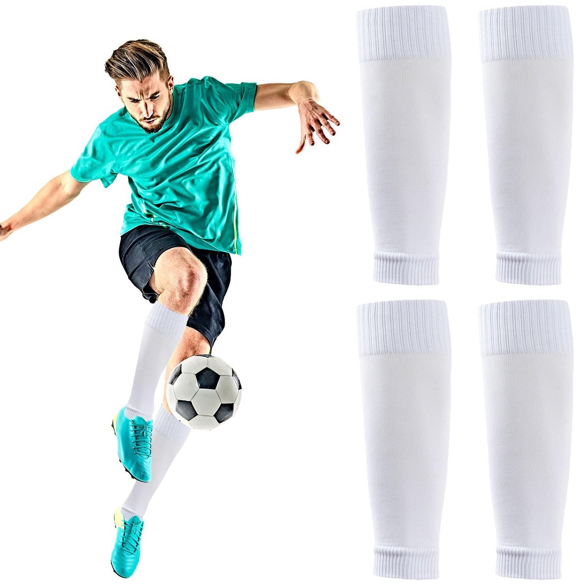 Dailygoods- Voetbalsokken - 2 Paar Witte Sokken - Scheenbeschermers Mouwen - Elastische Sokken - Duurzaam Polyester - Ademend en Comfortabel