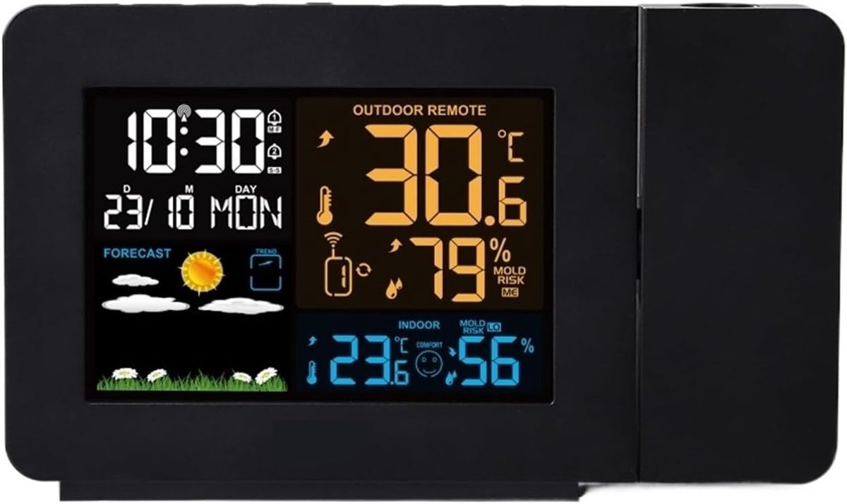 Weerstation Met Projectie - Weermonitor Kalender - Tijd Weten - 7 Talen Wekker - 100 mm breed - Zwart