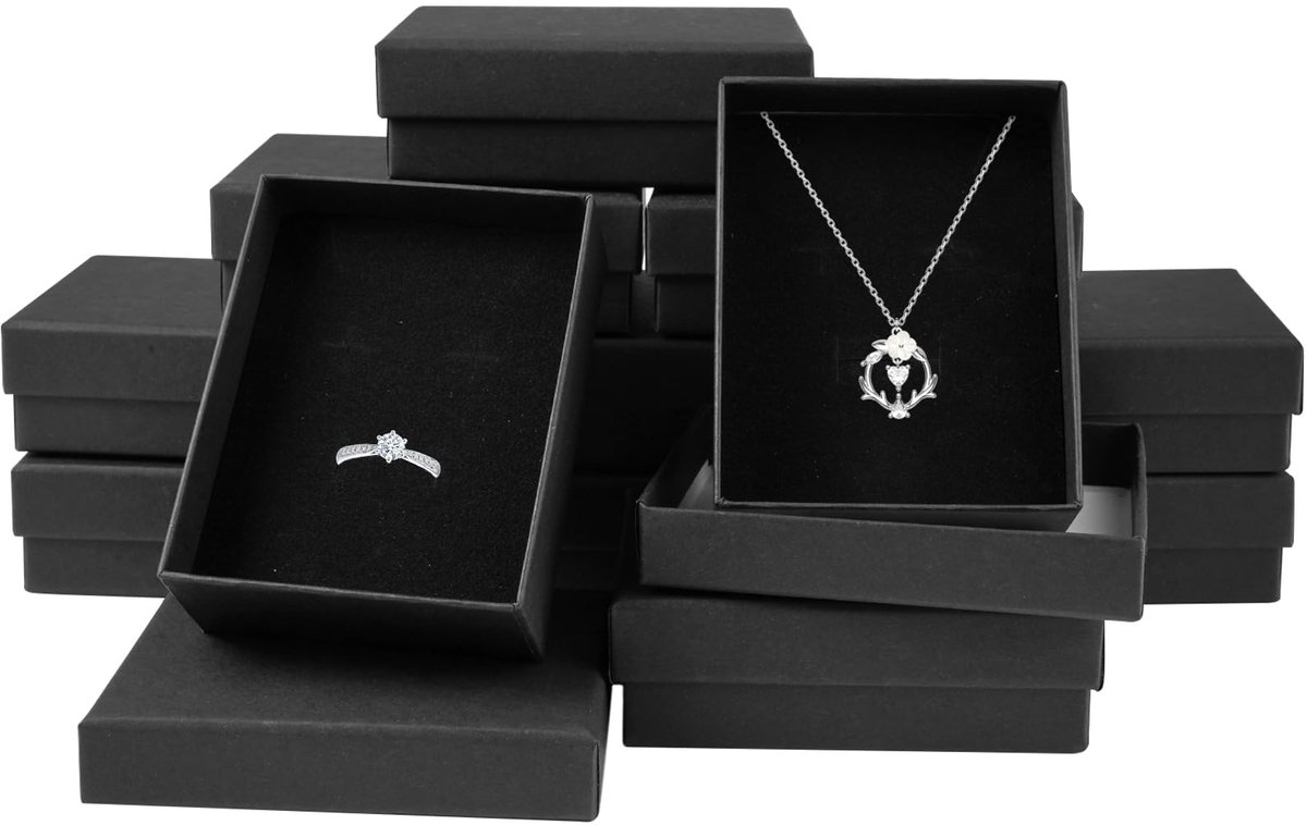 Dailygoods - 12 Stuks Sieradendoosjes met Deksel, 9 x 7 x 3cm Rechthoek Zwarte Kartonnen Juwelendoosjes, Papieren Sieraden Display Geschenkdoosjes met Inzetstukken voor Oorbellen, Kettingen, Armbanden en Ringen