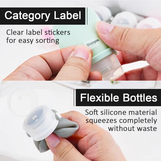 Dailygoods- Reisflessen Set - 8 x Siliconen - Lekvrij - Mini Reisformaat - Vloeistoffen - Inclusief Etiketten - 30ml per Fles - Toilettas van Dailygoods — afbeelding 4