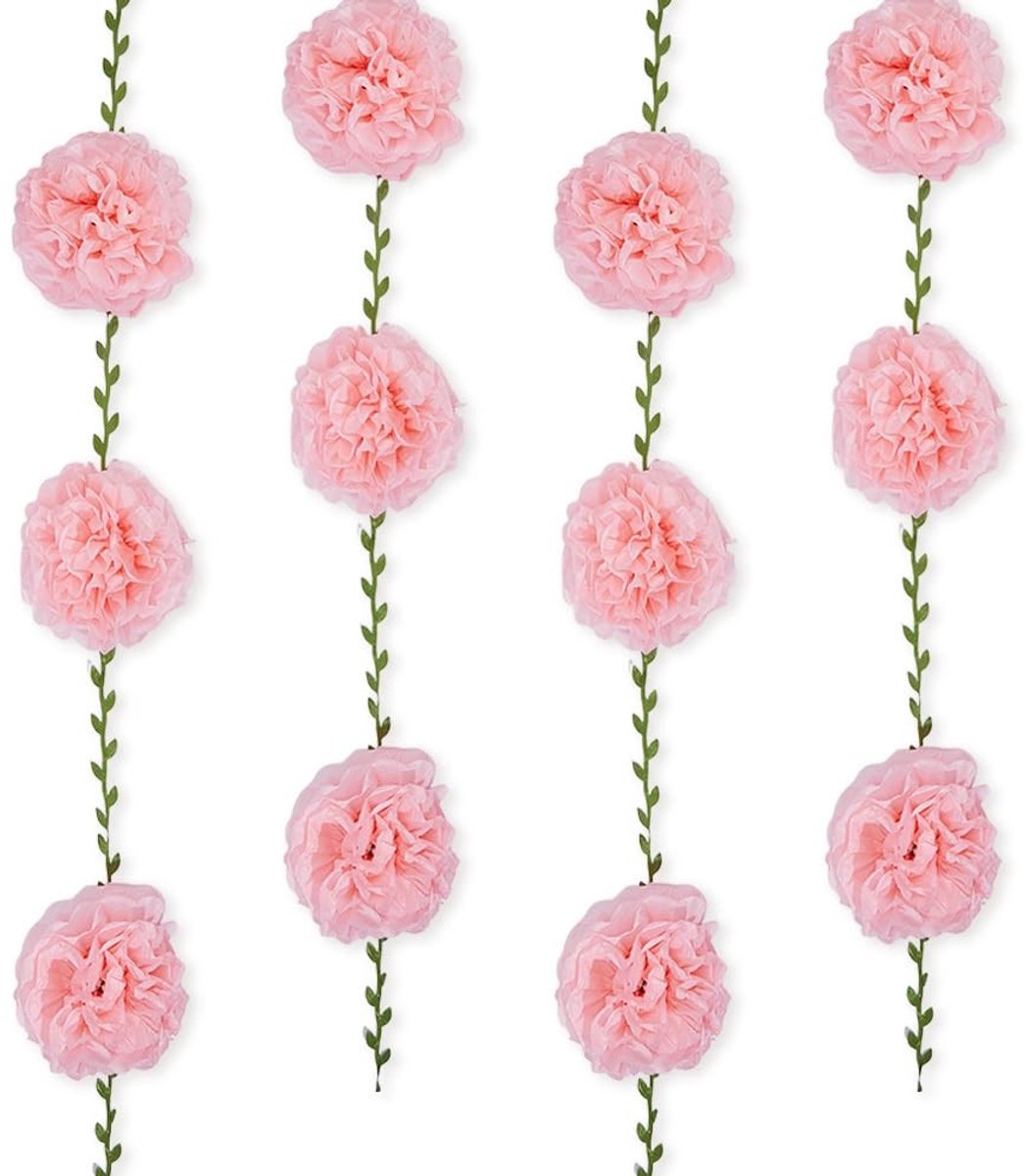 Dailygoods- Weefselpapier 2 Stuks - Roze Pom Poms - Slinger 250 cm - Decoratie Bruiloft/Baby Shower - 3D Bloemen - Achtergrond Feestdecoratie