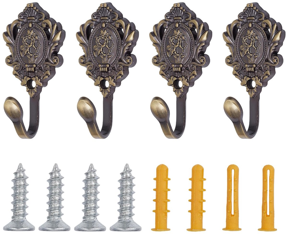 Dailygoods- Gordijnhaken Vintage Brons - Wandhaken - Retro Haken - Haken voor Embrasses - 4 Stuks - Zinklegering 4x1,6x2,7 Inch