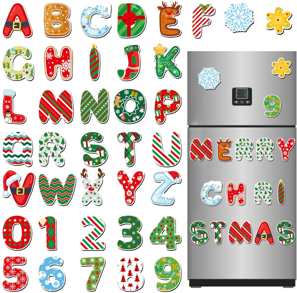 Dailygoods- Kerstmagneten 38 stuks - Koelkastmagneten - Magnetische letters/cijfers - Grappige decoratie - Kerstdecoratie - Geschikt voor magneetbord