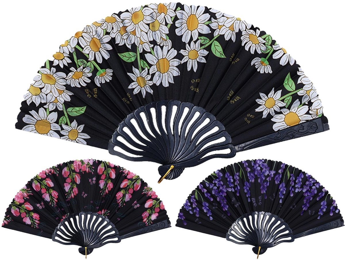 Handwaaier Set van 3 - Opvouwbaar - Houten/Polyester - Bruiloft/Feest - Decoratie - Beschermhoes - Zwart - Waaiers