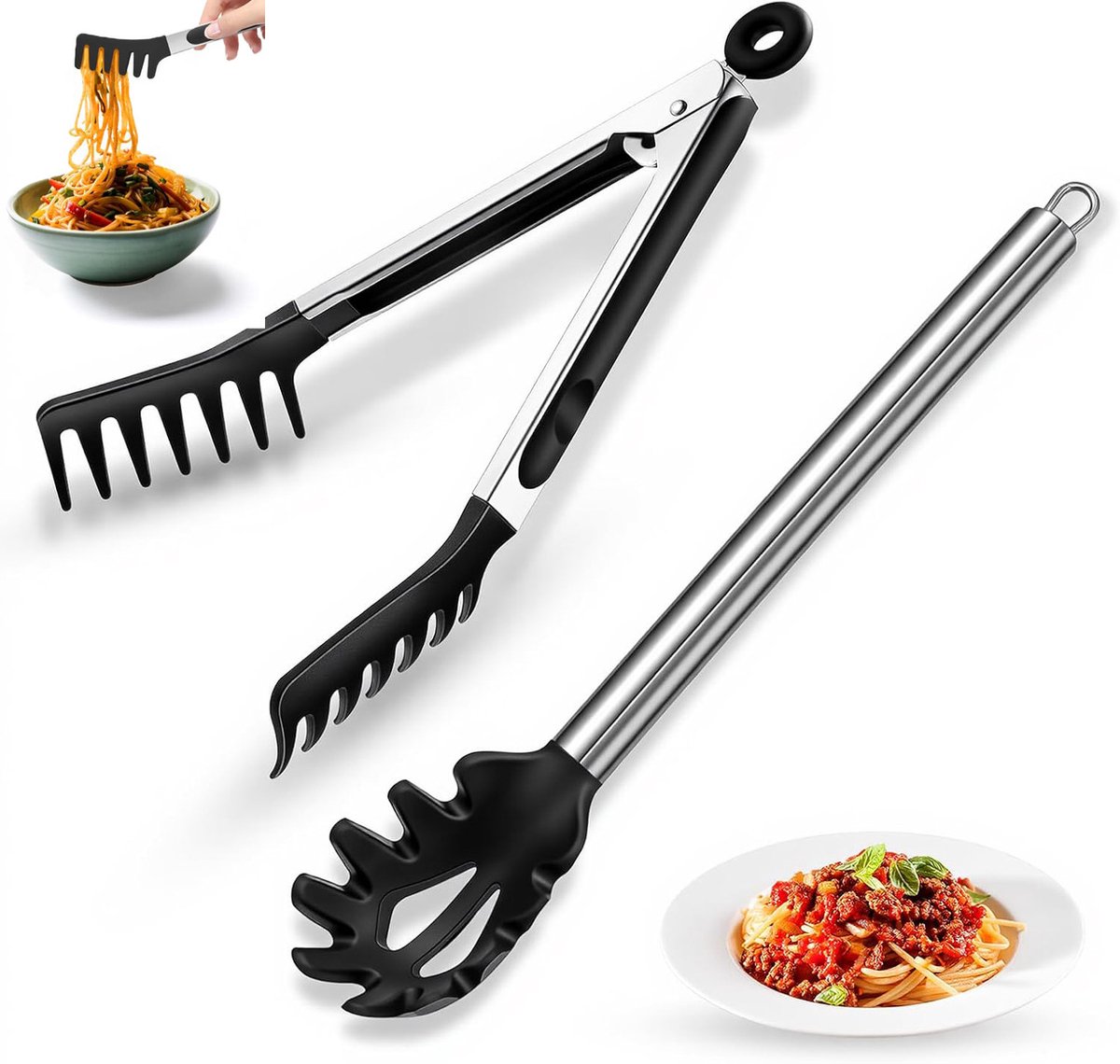 Spaghettilepel en pastatang - 2 Stuks - RVS Spaghettitang - Keukentang - BBQ Tang - Serveertang - Kookspullen Accessoires - Voor koken, serveren, salades en noedels - Zwart