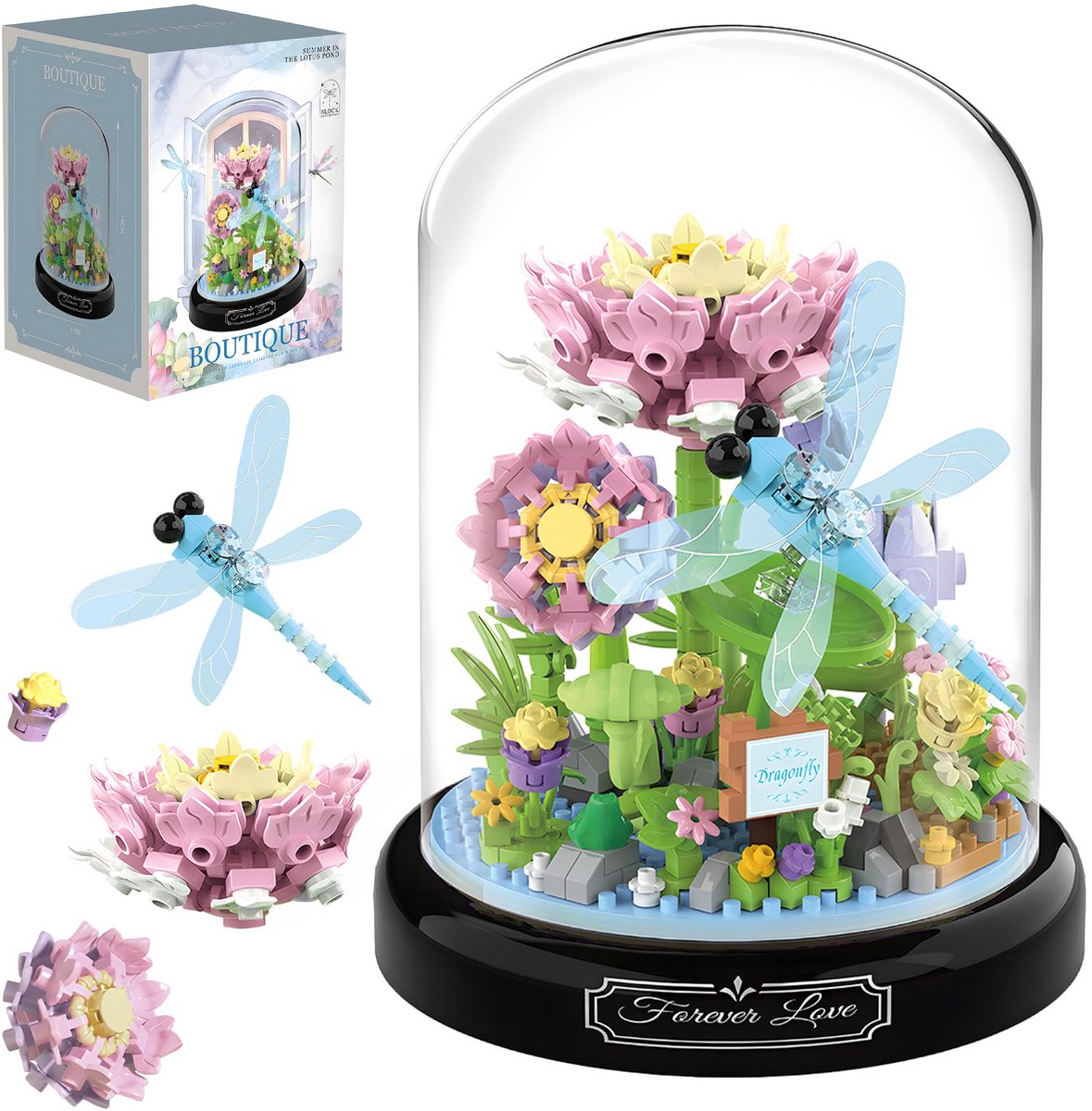 VONKELIOS® Mini Bloemen Bouwblokkenset met Glazen Beschermhoes | Kunstbloemen Ornament Plantenserie, Sfeervol Kerstcadeau voor Familie en Vrienden