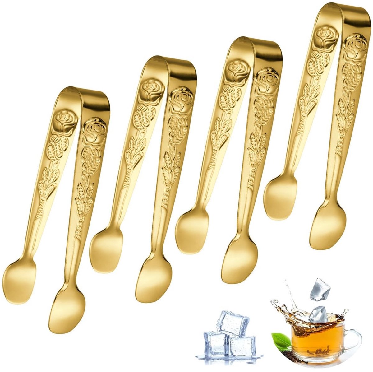 Dailygoods- Ijstang 11 cm - Roestvrij Staal - Serveertang - Suikertang - Mini-tang - 4 Stuks - Elegant Rozenbloesem Patroon