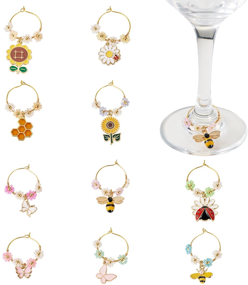 Dailygoods- Wijnglas Charms Set van 10 - Messing Bedels - Lente Ontwerpen - 42-58 mm - Veilig en Comfortabel - Geschikt voor Wijnglazen - Wijnbedels
