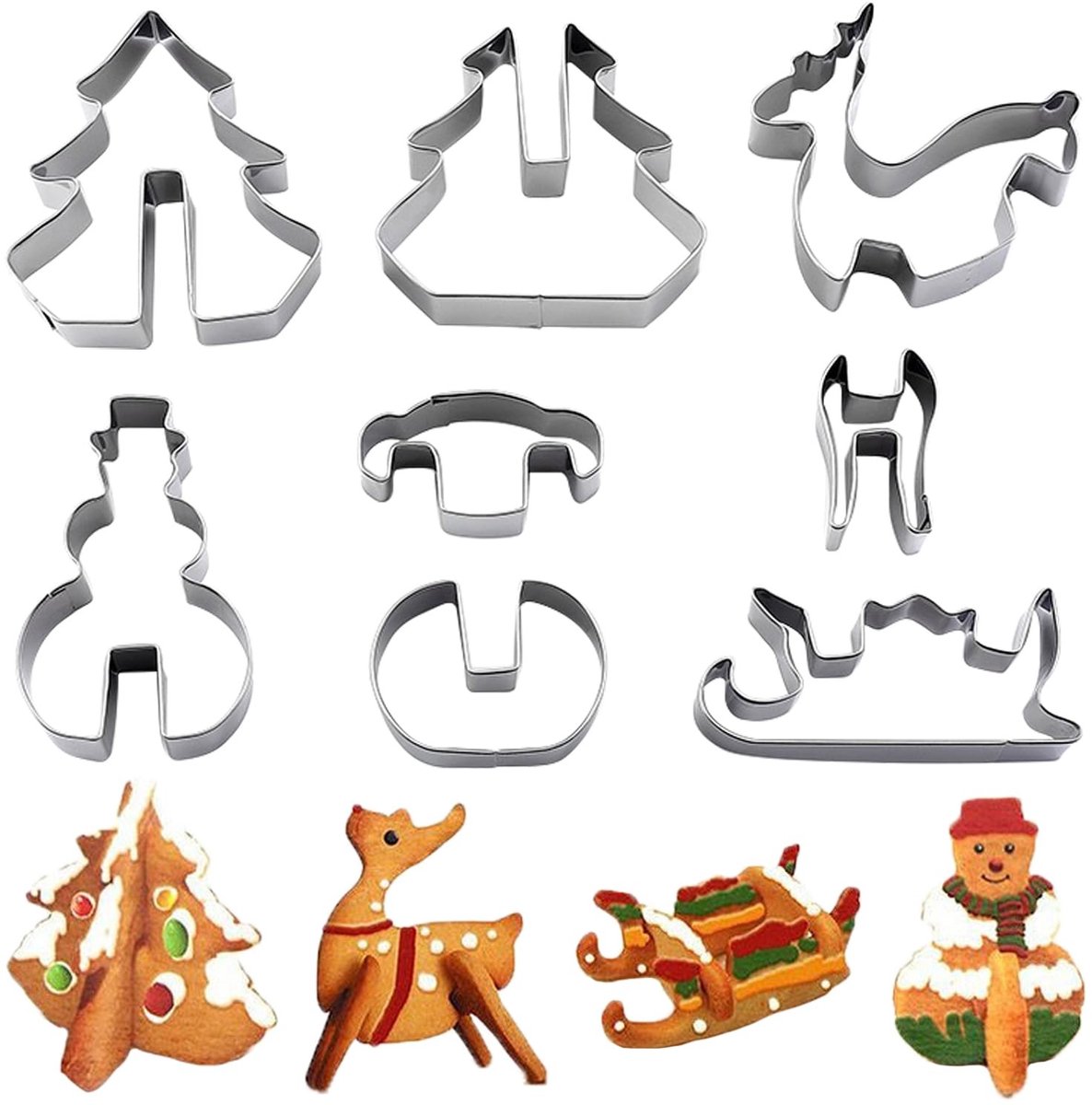 Dailygoods- Koekjesuitsteekvormen 8-delig - Roestvrij Stalen Bakvormpjes - Kerstvormpjes - Sneeuwman/Rendier - Creatieve Bakactiviteiten - Eenvoudig te Reinigen