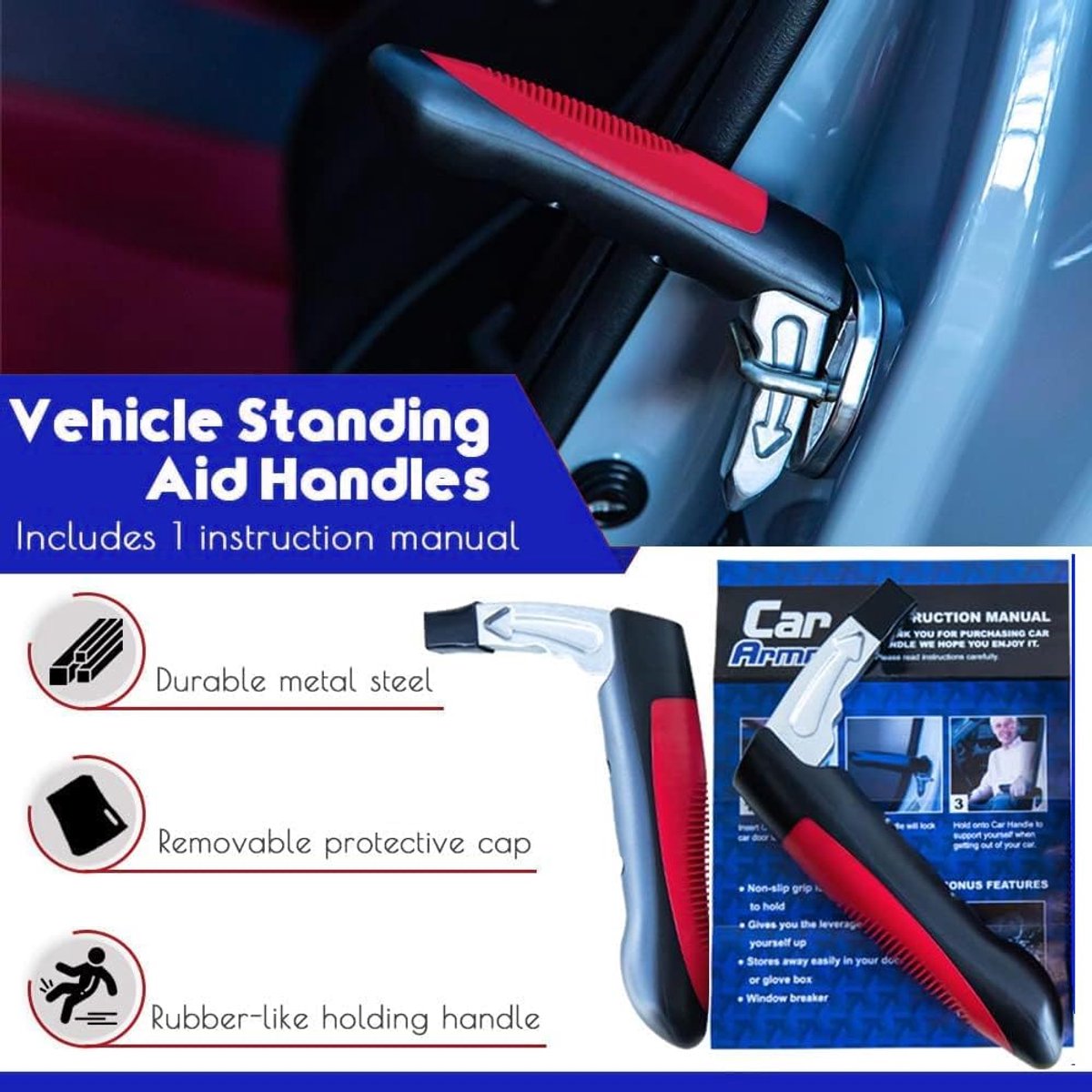 Voertuig Ondersteuning Handgreep - Auto Mobiliteitshulp - Veilig In- en Uitstappen - Ingebouwde Raambreker - 17.5 cm - Zwart
