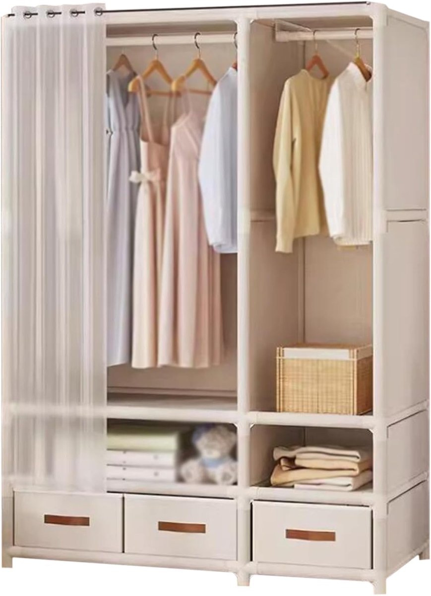 Kledingkast Met Lades - Opbergkast Hanger - Kleding Opbergen - Stalen Frame - 71x45x168cm - Wit
