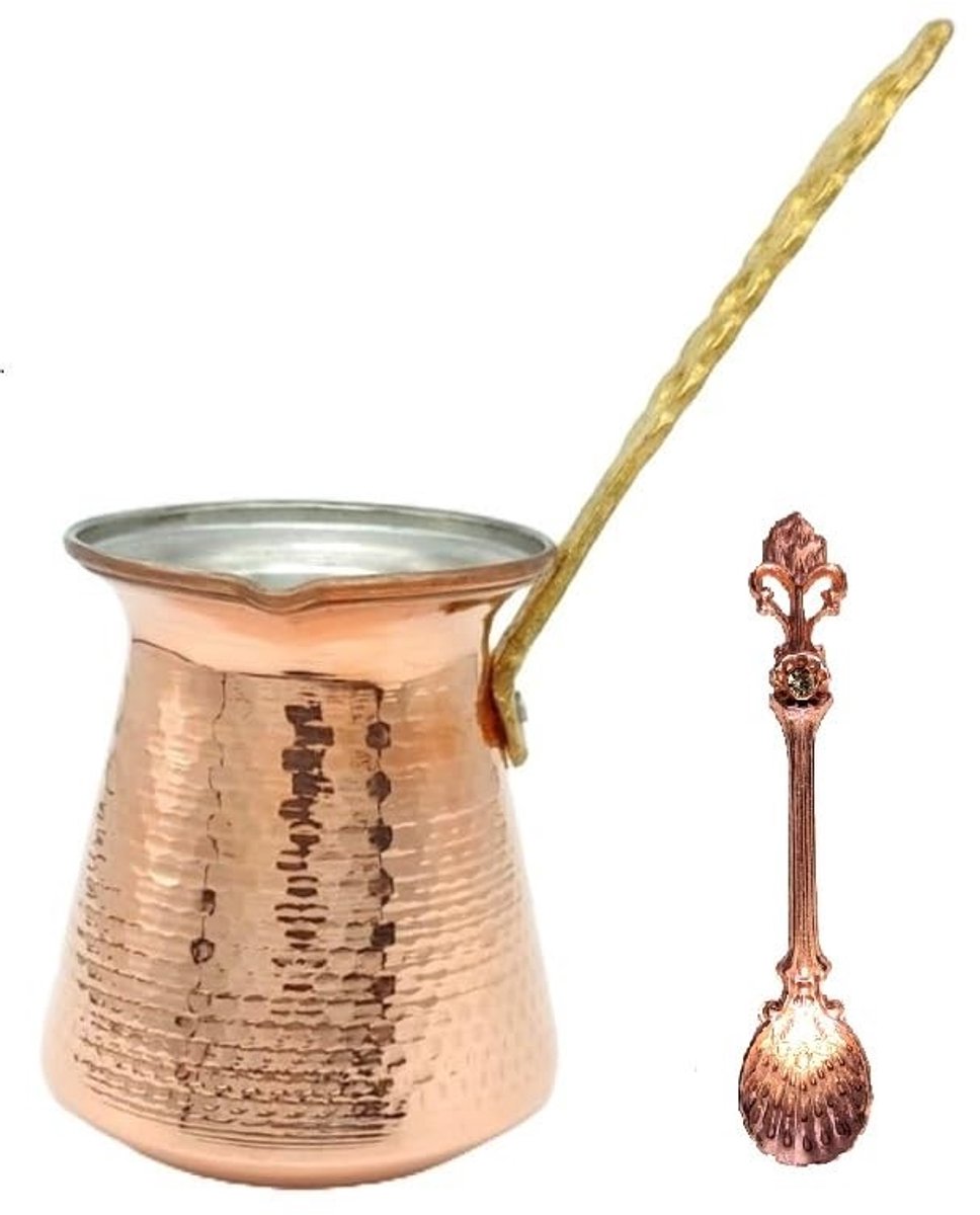 Dailygoods- Koffiekan Handgemaakt - Turkse Koffiepot Ibrik - Koperen Cezve - Lange Messing Handgreep - 3mm Dikte - UNESCO Erfgoed