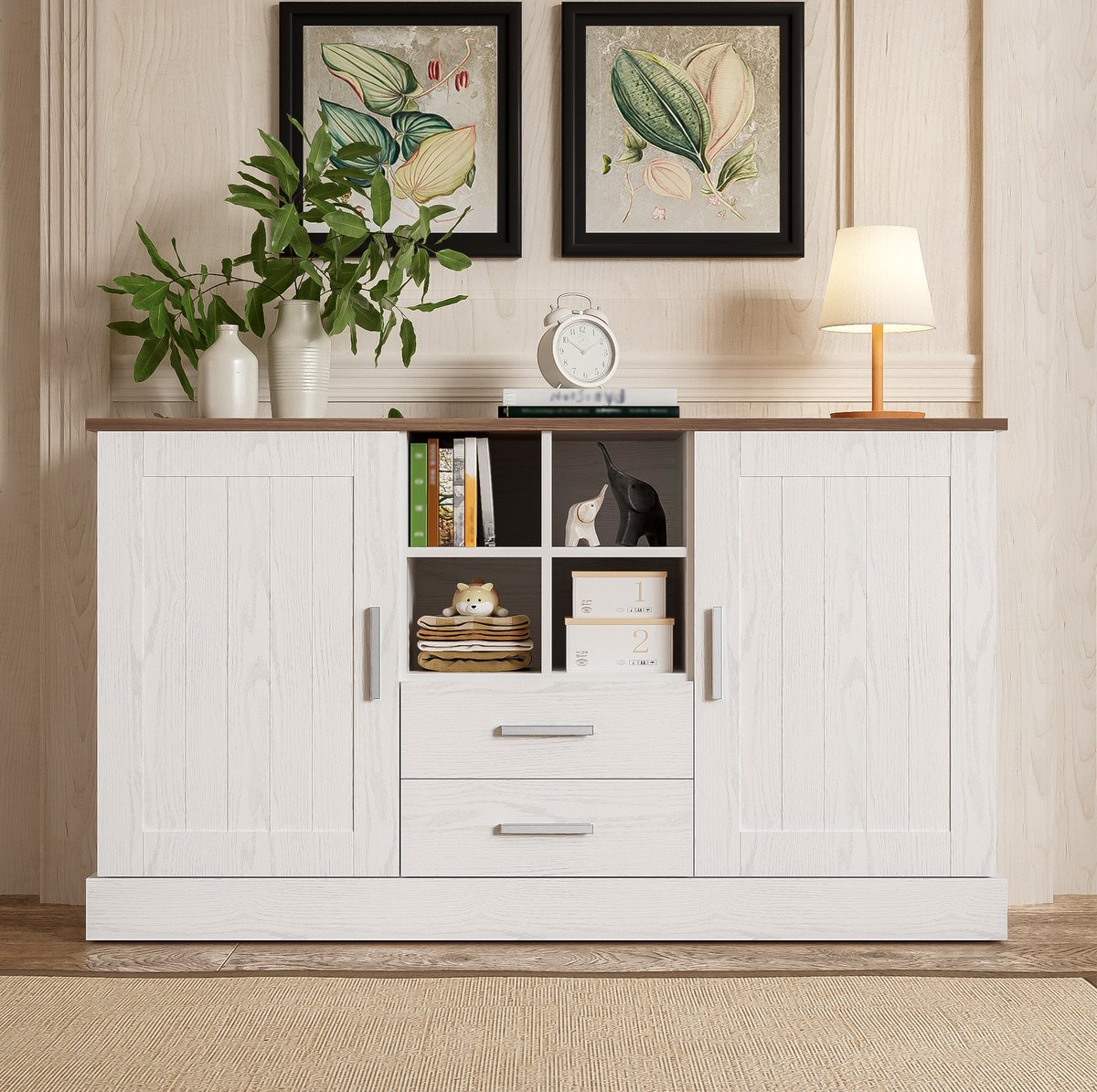 COVREO Buffetkast 140 x 40 x 79,5 cm - wit en bruin houtnerf, 2 deuren en 2 lades