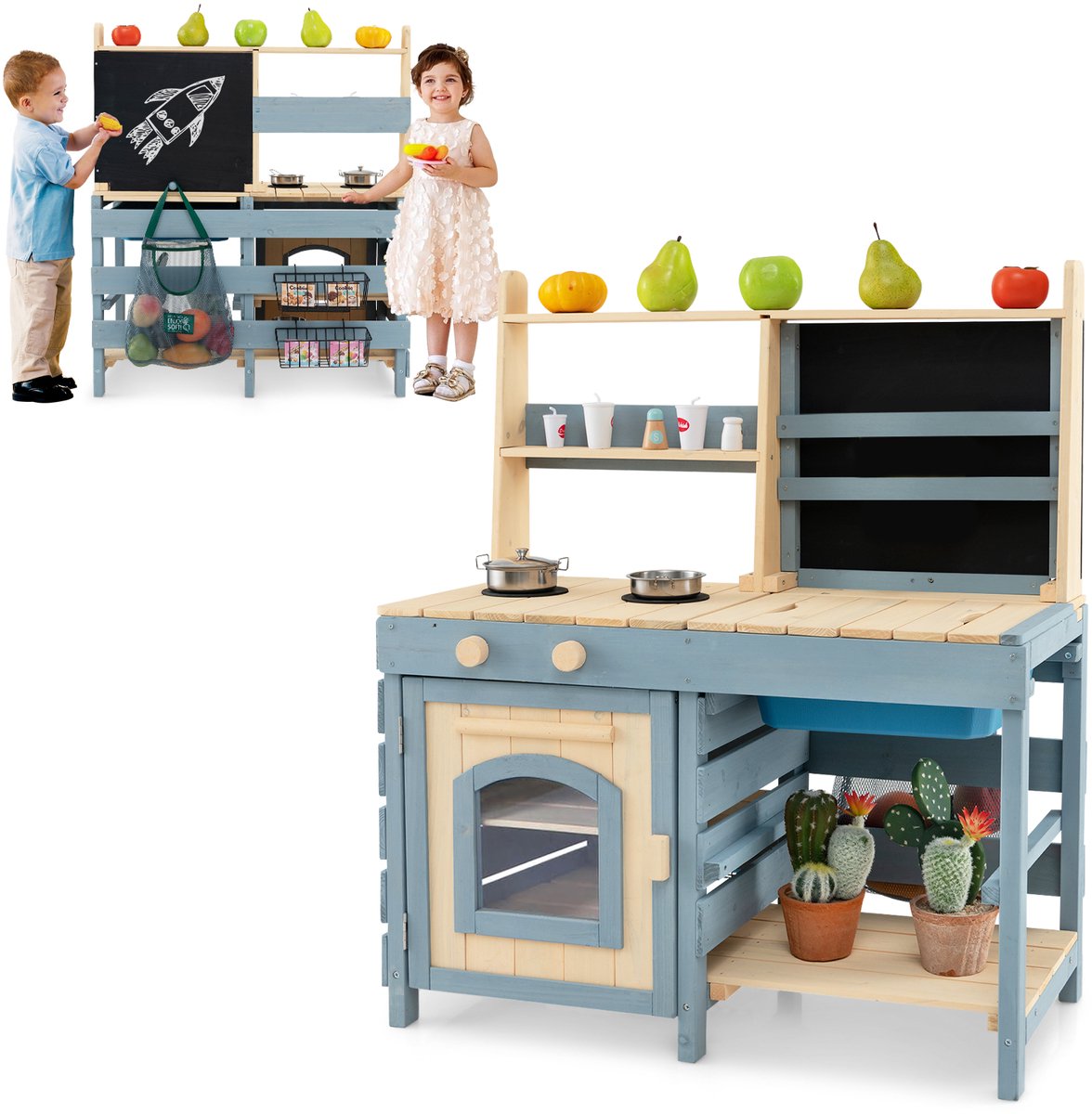 COSTWAY 2-in-1 Kinderkeuken & Winkeltje, Modderkeuken Buiten voor Kinderen, met Schoolbord, Metalen Manden, Opbergtas, Kraan & Wasbak, Houten Speelkeuken, Houten Keuken voor Kinderen vanaf 3 jaar