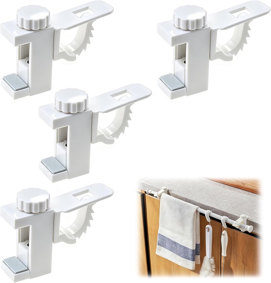 SnelShoppen - 4 stuks gordijnklemhouders, verstelbare gordijnhouder, 360° draaibaar, haak voor organizer, ABS materiaal, multifunctioneel voor woning,
