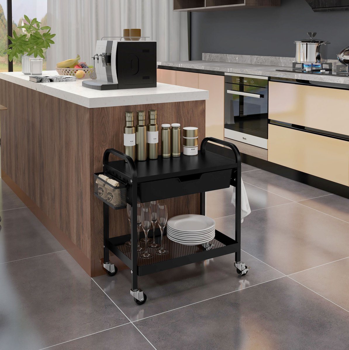 COVREO Keukentrolley 61 x 32,6 x 58,5 cm zwart met 1 lade, onderplank, 3 haken en 4 wielen