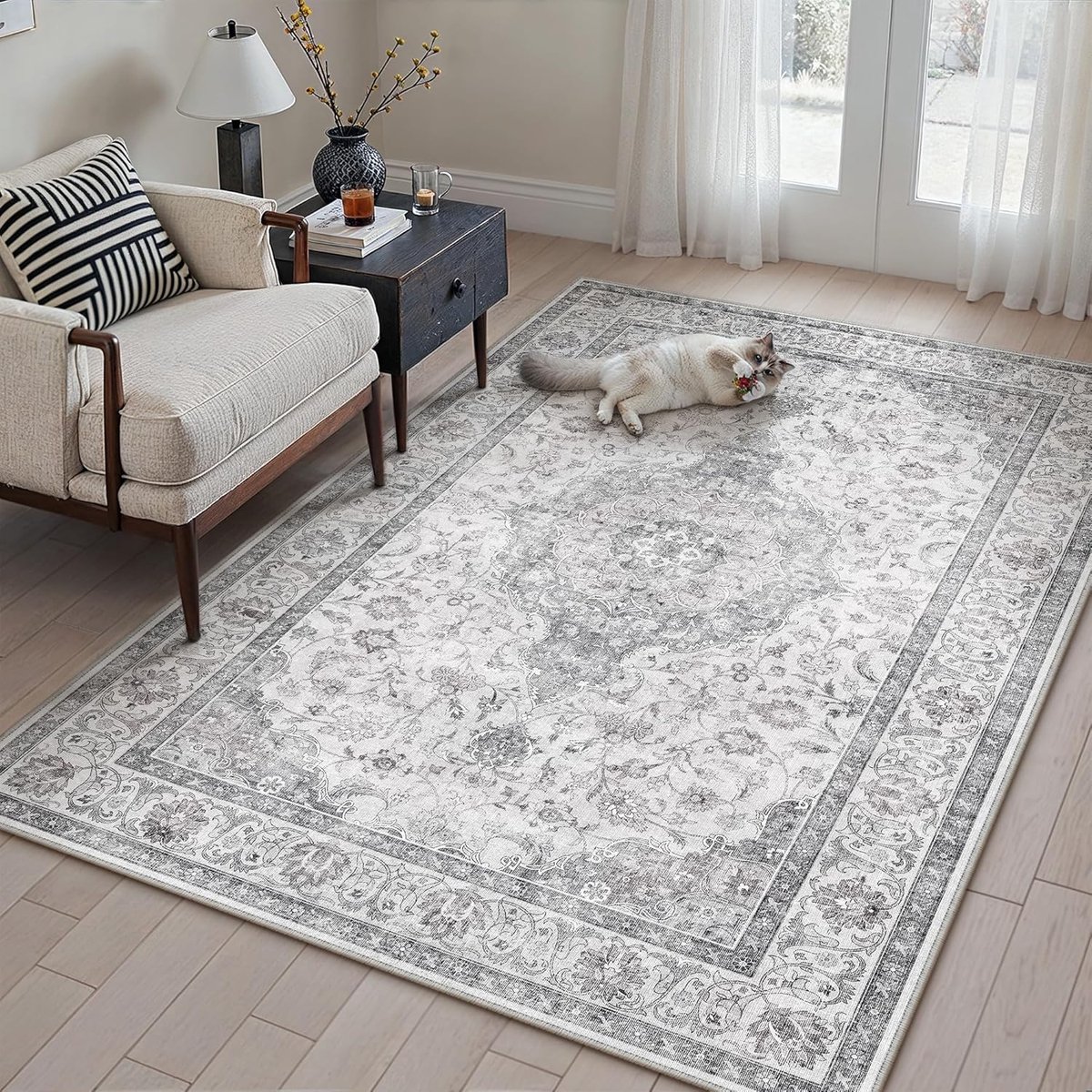 SnelShoppen - Vintage Wasbare Grijze Tapijt 120x170 cm - Zacht Kortpolig Antislip Bohemian Retro Vloerkleed voor Woonkamer, Keuken, Slaapkamer, Kantoo