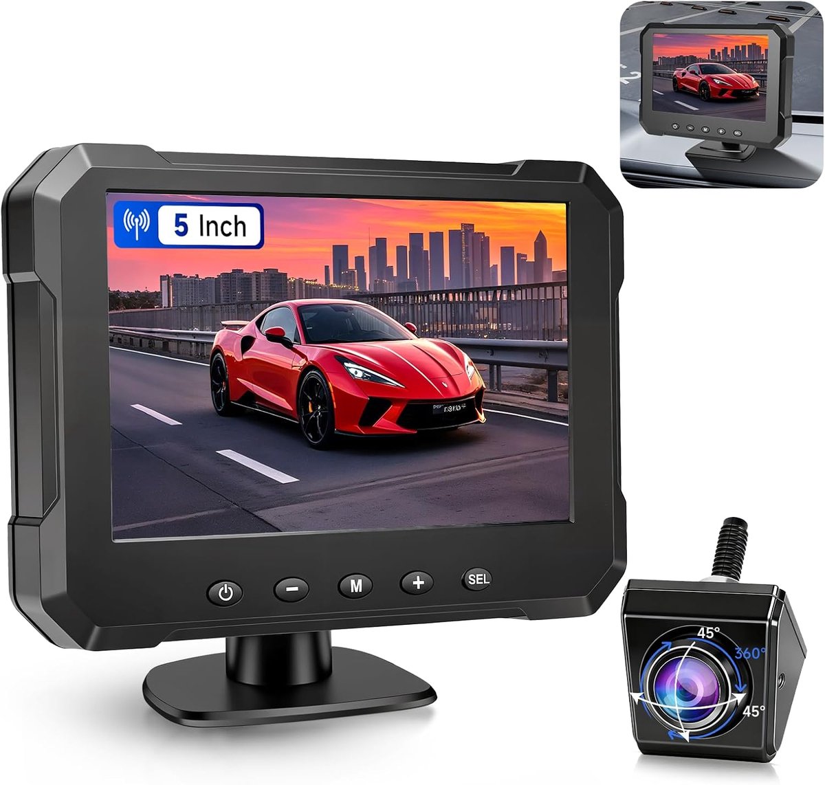 SnelShoppen - Achteruitrijcamera met 5 Inch HD Scherm, IP68 Nachtsicht, Draaibaar en Eenvoudige Installatie met Sigarettenaansteker Plug