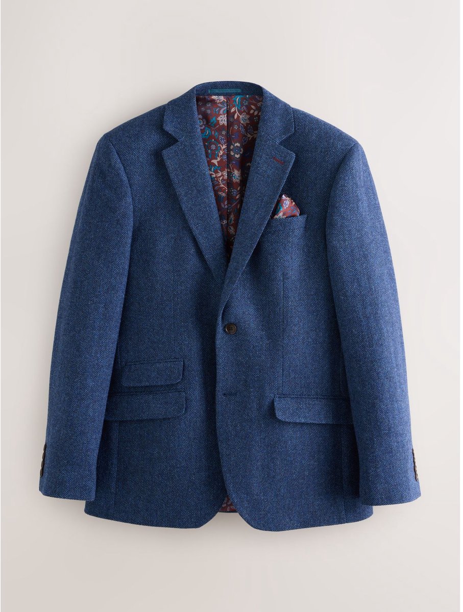 Next - Heren - Normale Pasvorm - Signature Nova Fides Blazer van wolblend met visgraatmotief - Blauw