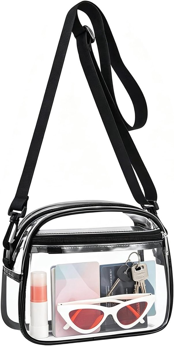 SnelShoppen - Transparante Crossbody Tas - Goedkeuring voor Stadion, Concerten & Evenementen - Zwart, Zonder Mesh Voering - Ideaal voor Reizen & Outdo