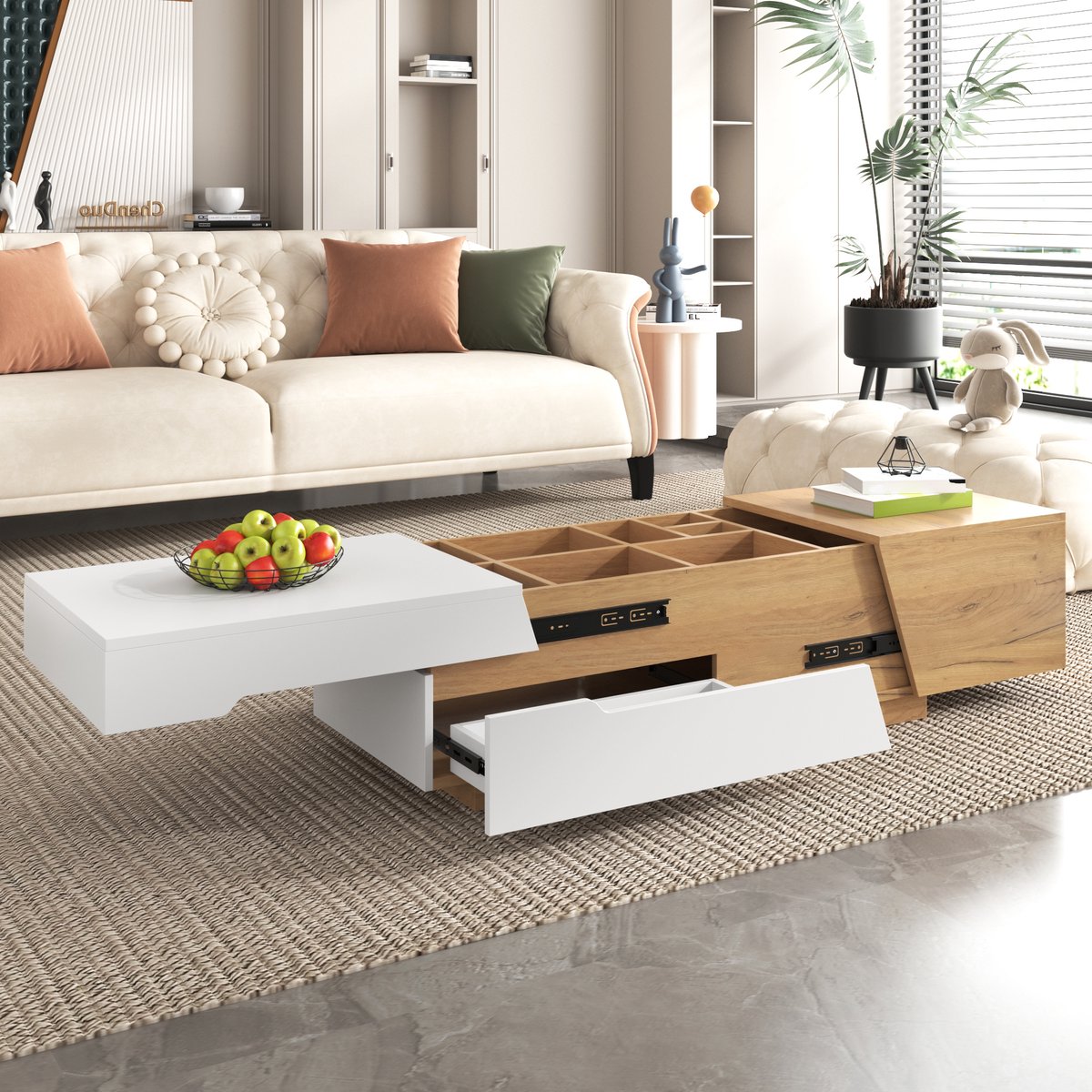 COVREO Salontafel 120x50x37,5 cm – wit en houtkleur, MDF, met lades en schuifbare opbergruimte