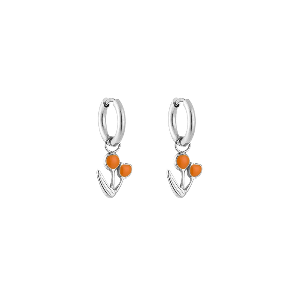 Stainless Steel Amsterdamse Tulpen Bedel Oorringen met Emaille – Trendy Hoops – RVS - Zilver/Oranje