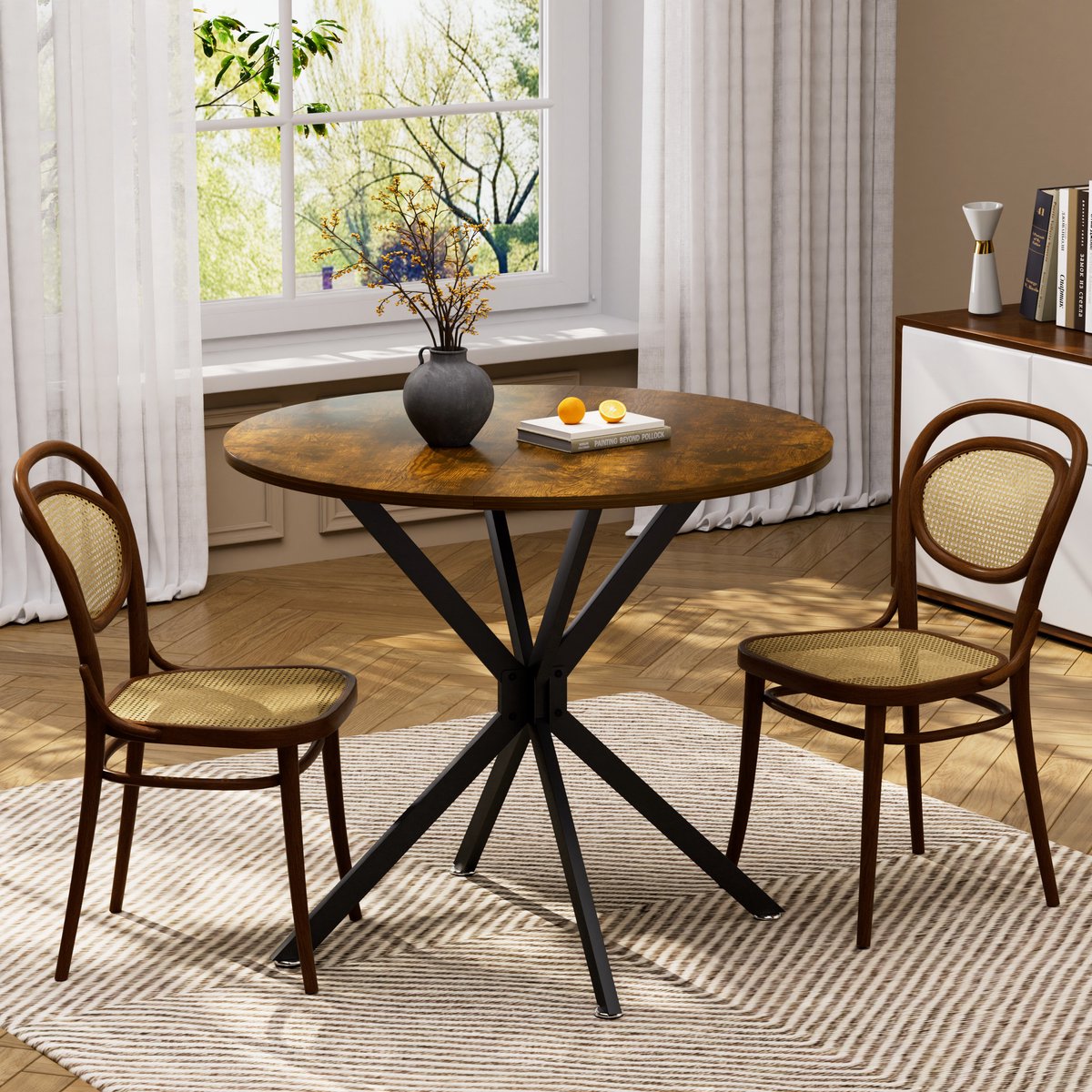 COVREO Ronde eettafel 90x90x78 cm – vintagebruin zwart, metalen poten, geschikt voor 1-4 personen