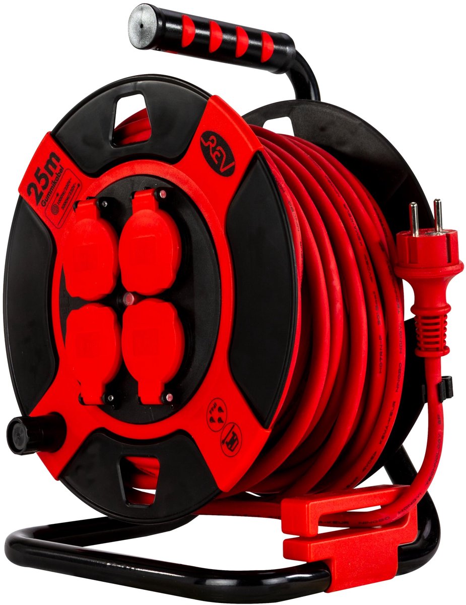 SnelShoppen - REV Kabelhaspel EX 25m H07RN IP44 3000W Verlengkabel Buiten met 4 Geaarde Stopcontacten Rood voor Tuin, Camping en Feesten