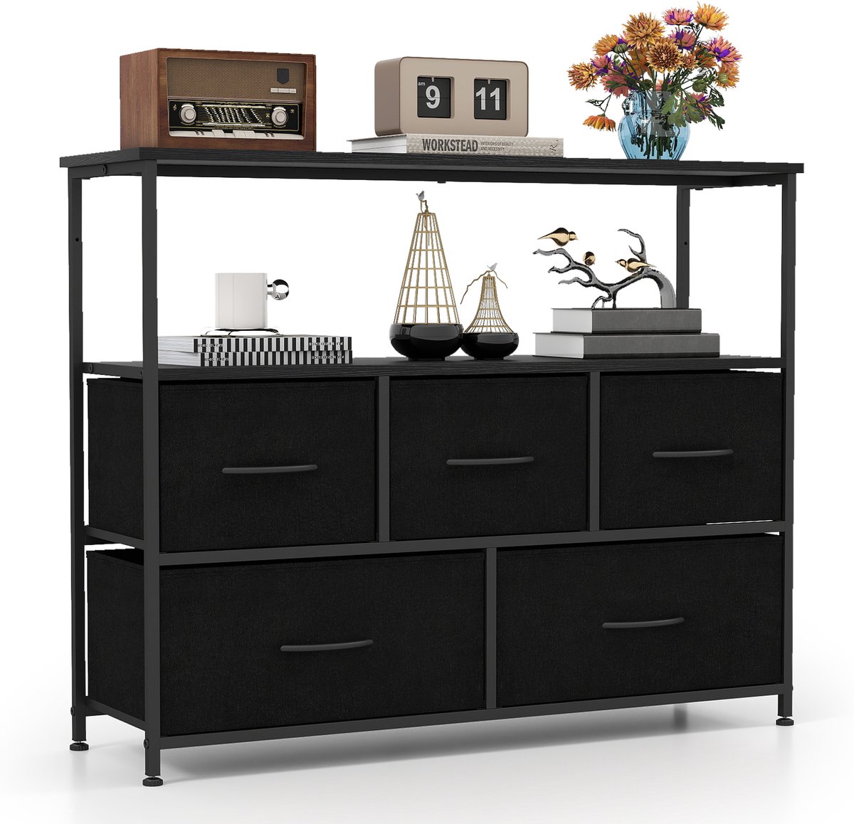 COSTWAY Commodekast met 5 stoffen laden en planken, ladekast met houten plaat en metalen frame, commodekast, dressoir, opbergkast voor hal, woonkamer (100 × 30 × 80 cm, zwart)
