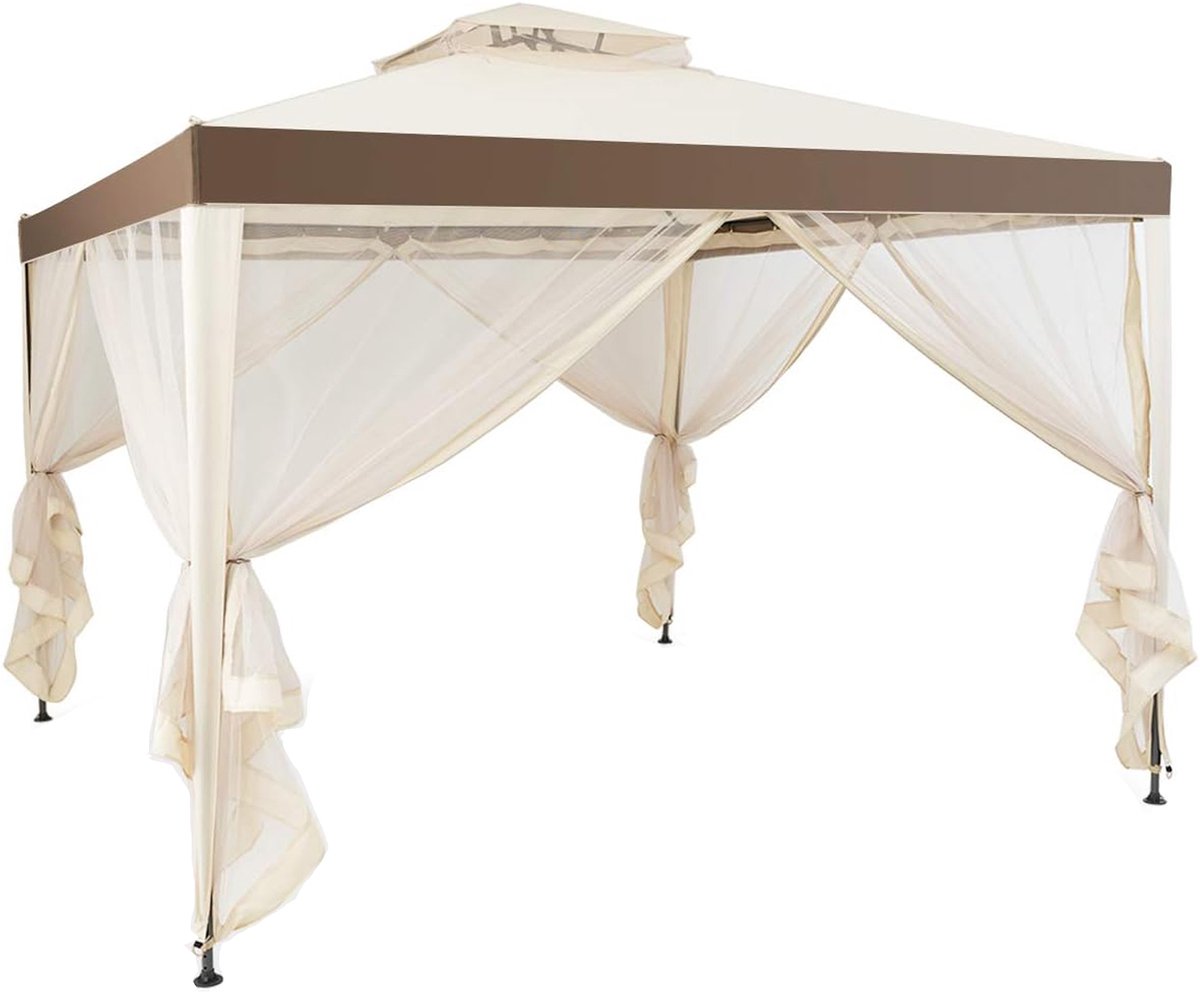 KOMFOTTEU Partytent 3x3 m - Dubbel Dak - Met Gordijnen, Zijpanelen & Net - Metalen Feesttent - Voor Tuin, Terras & Binnenplaats - Inclusief Draagtas - Snelle Opzet - Beige